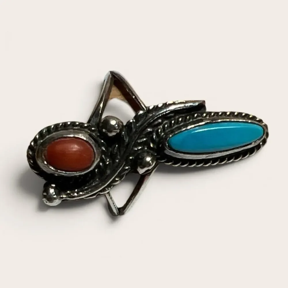 Vintage Navajo Style Sterling Silver Turquoise and Coral Two Stone Ring Size 5.5
